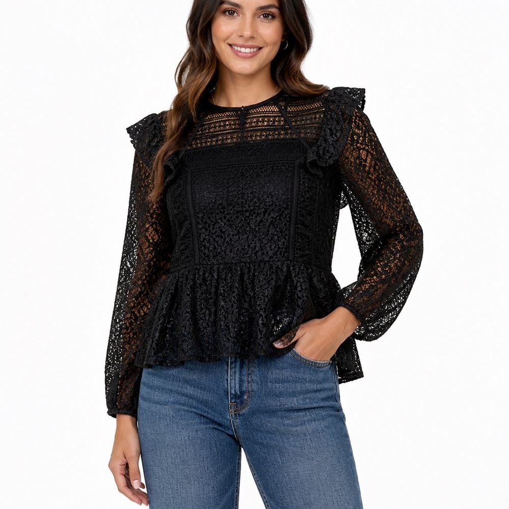 Marissa Webb Black Lace Peplum Blouse Sheer Sleeve Ruffle Top M